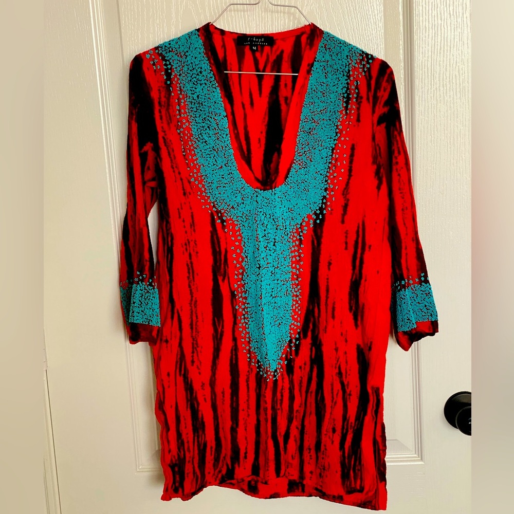 T-bags// bikini coverup// red w/ black tiger stripes &blue beading// sz M